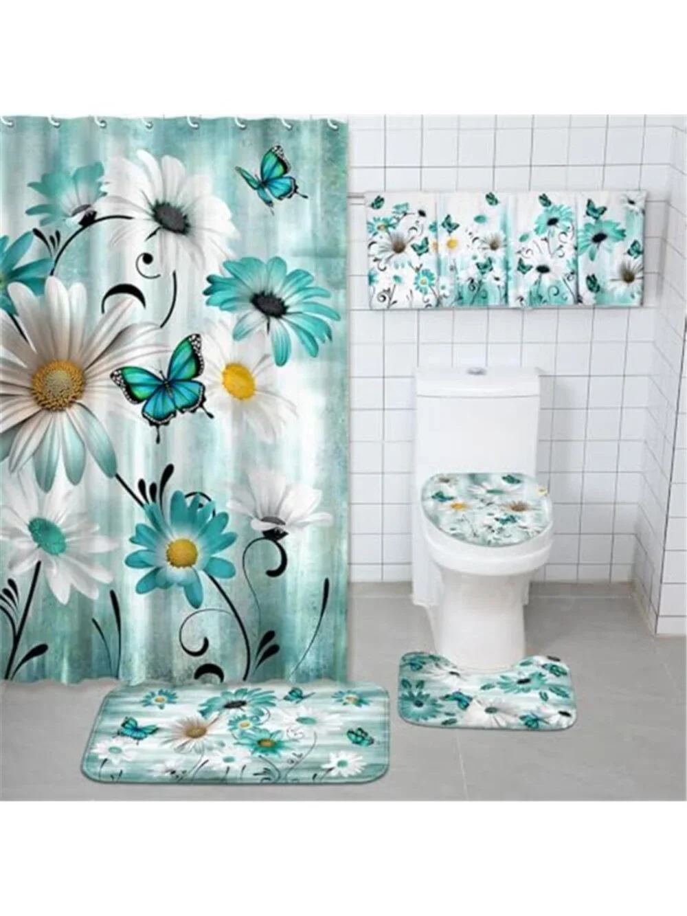 Teal Daisy Butterfly Shower Curtain Set Rugs Towels Bath Mat Toilet Cover Hooks
